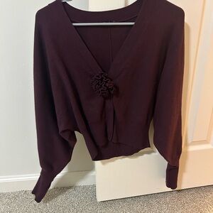 Deep Burgundy Cardigan with Decorative Flower